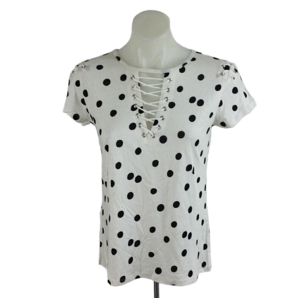 Generation Love Top Hugo Polka Dot Lace Up Linen blend Blouse White black Small